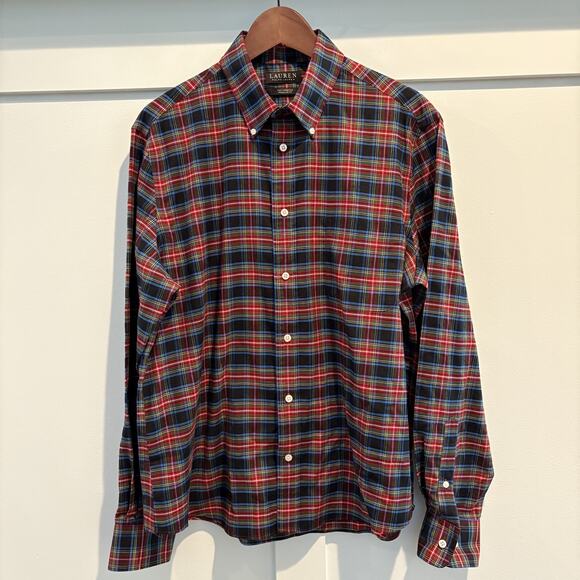 Lauren Ralph Lauren Shirt Mens Large Red Black Green Plaid Stretch Button Up - Picture 1 of 10